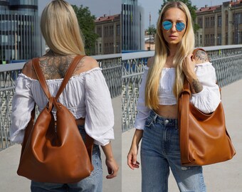 Versatile Leather Hobo Bag & Backpack Purse - Large Bag for Women, Convertible Leather Bag Women's Large Tote Backpack, Leather  Hobo Bag