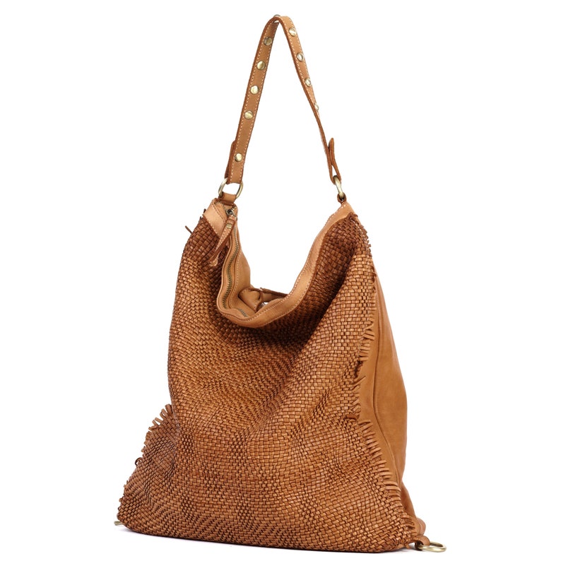 Wandelbare gewebte Leder Hobo Tasche Frauen, große Hobo Vintage Cognac Ledertasche, weiches Leder Crossbody Hobo Taschen für Frauen, großer Rucksack Bild 7