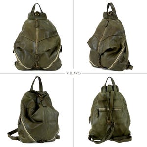 May include: An olive green leather backpack featuring a central vertical zip, a top handle, and adjustable shoulder straps. The design includes multiple exterior zipped compartments and metal hardware, shown from four different angles.