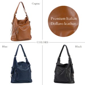 Może przedstawiać: Wielofunkcyjna torba w kolorze koniakowym, niebieskim i czarnym, o teksturowanej powierzchni z napisem Premium Italian Dollaro leather. Każda torba posiada dużą komorę gł&oacute;wną, przednią kieszeń na zamek, regulowane paski oraz srebrne okucia.