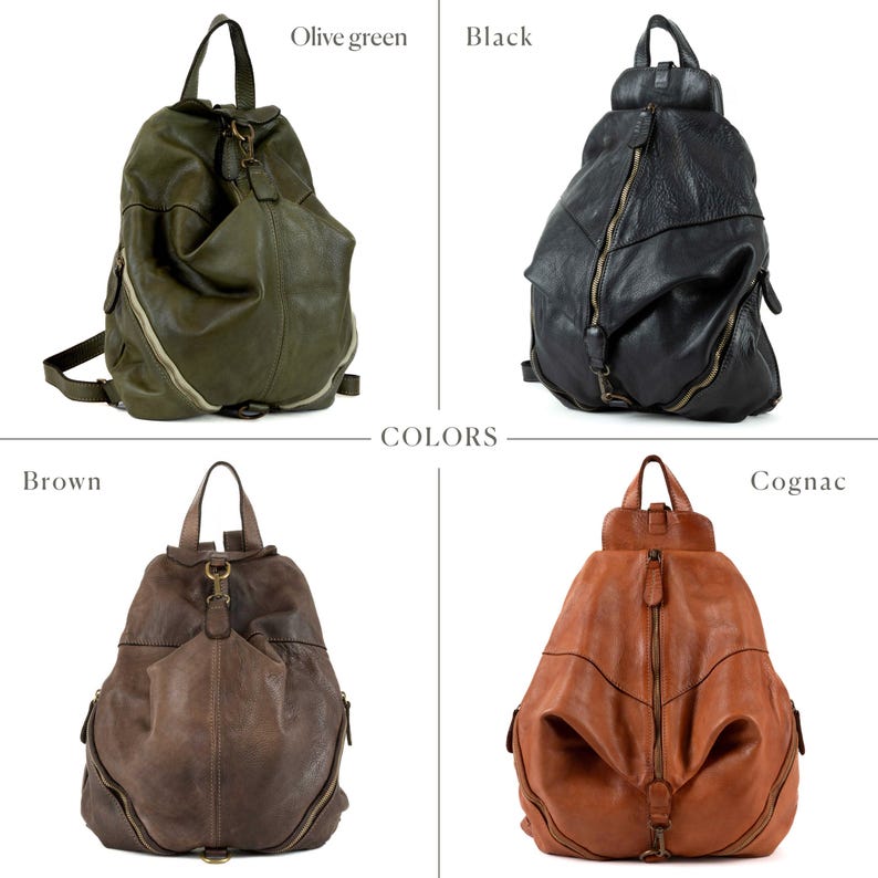 May include: Four leather backpacks shown in olive green, black, brown, and cognac. Each bag features a top handle, a central vertical zipper closure, and side zipper details. The design includes a structured top section and a soft, slouchy body.