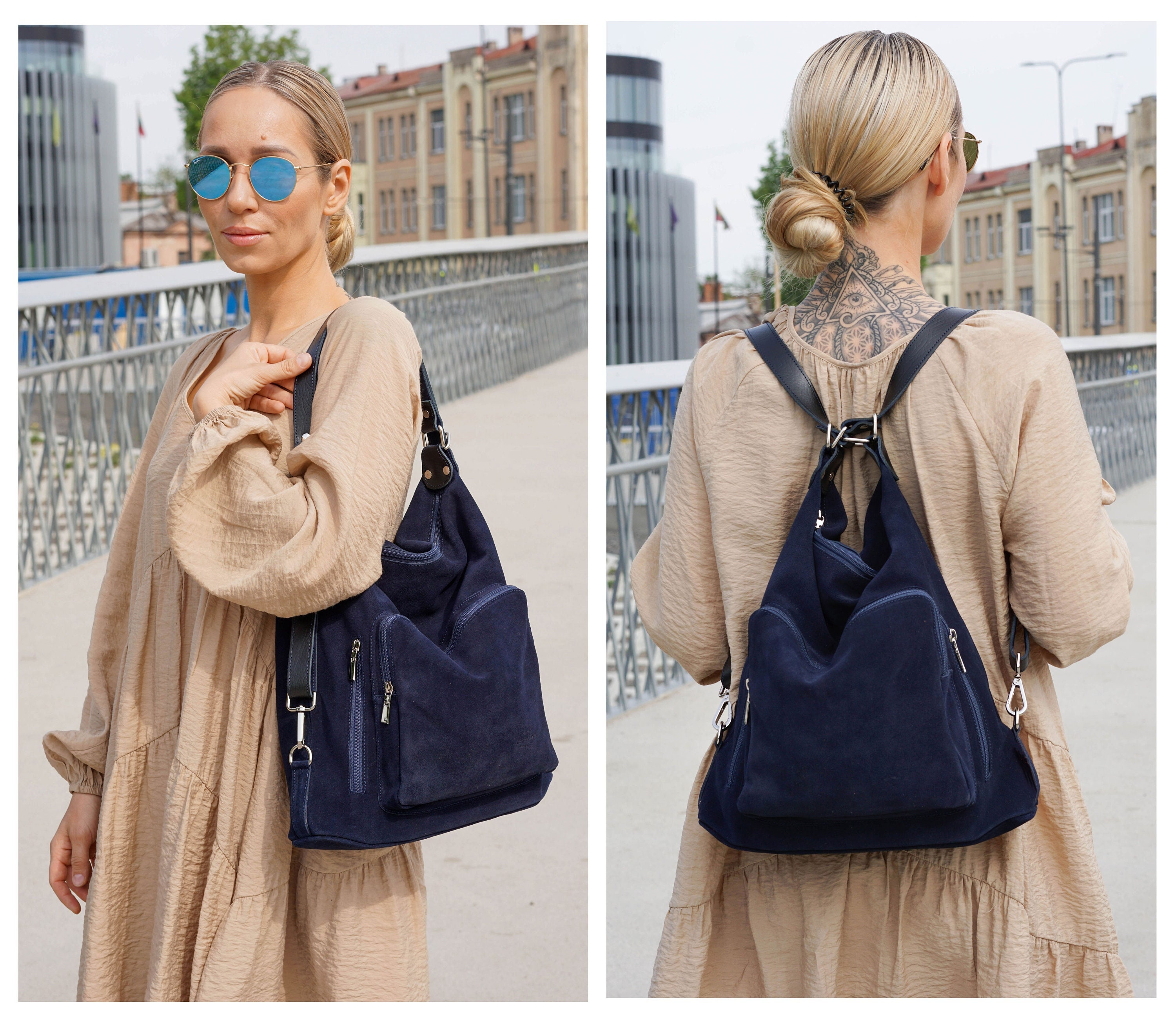Convertible Shoulder Hobo Backpack Travel Bag Vegan Suede Beige Convertible Leather Hobo Bag – Shoulder, Backpack  main image 3