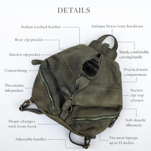 May include: An olive green Italian washed leather backpack with antique brass-tone hardware, a zip-top closure, adjustable handles, and a soft slouchy silhouette. Features include a rear zip pocket, interior zip pocket, two exterior side pockets, and a cotton lining.