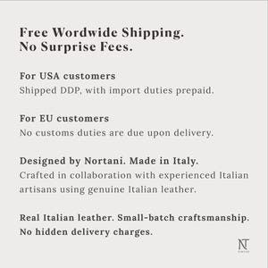 Może przedstawiać: Jasnoszara grafika informacyjna z czarnym tekstem o treści: Designed by Nortani. Made in Italy. Crafted in collaboration with experienced Italian artisans using genuine Italian leather. Real Italian leather. Small-batch craftsmanship.
