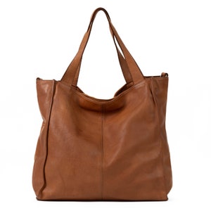 Large Leather Tote Bag Vintage Hobo Purse for Women Soft & Stylish Shoulder Bag, Crossbody Tote Bag with Zipper, Large Tote Bag Cognac