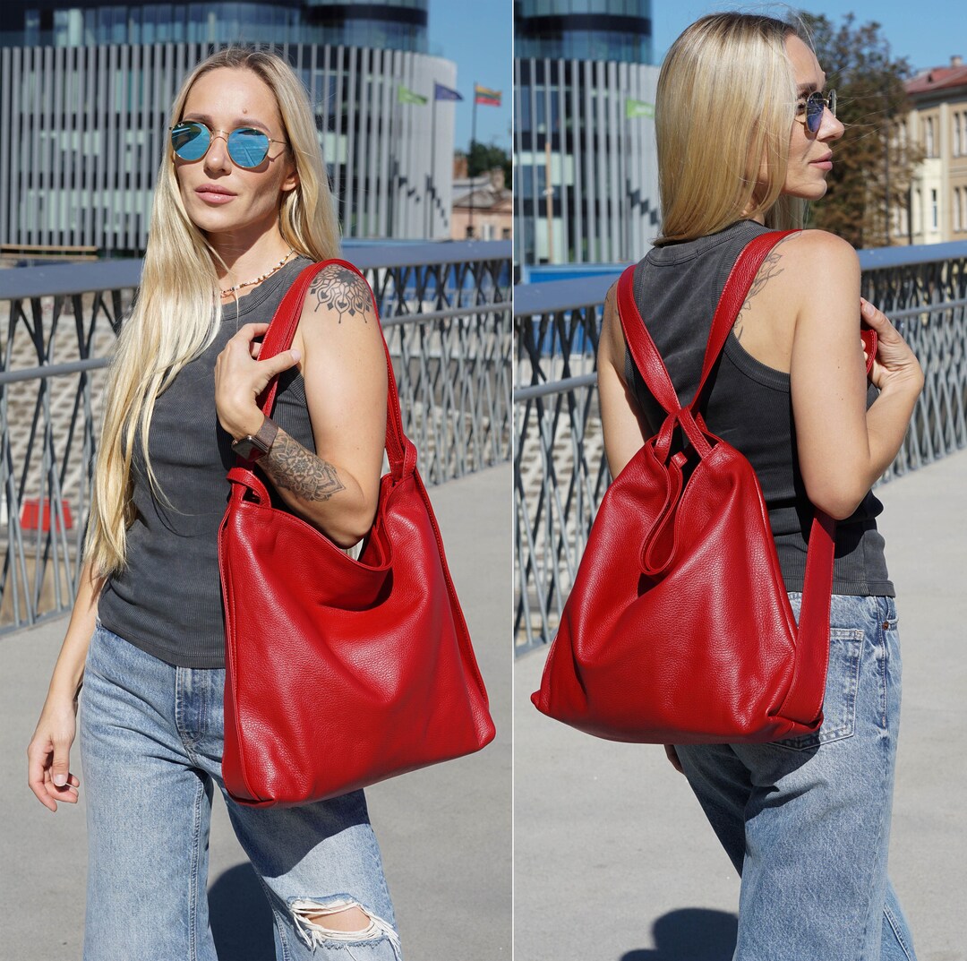 Convertible Large Soft Leather Hobo Bag, Convertible Hobo Backpack Red