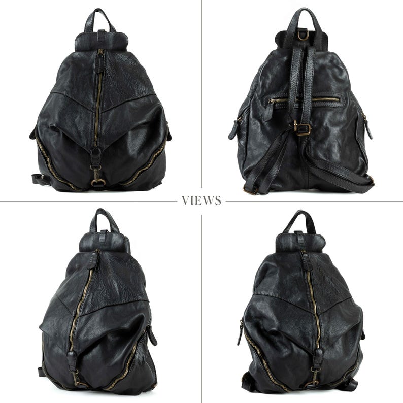 May include: A black leather backpack featuring a prominent vertical front zip, a top handle, and adjustable shoulder straps. The design includes multiple zipped compartments, antique brass-toned hardware, and a textured, soft-structured finish.