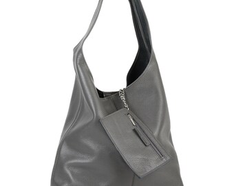 ★TOUT Y EST★ Glossy Shirring Hobo Bag Gray NATA06GYF Leather Hobo Shoulder Bag - Oversized Slouchy Purse for