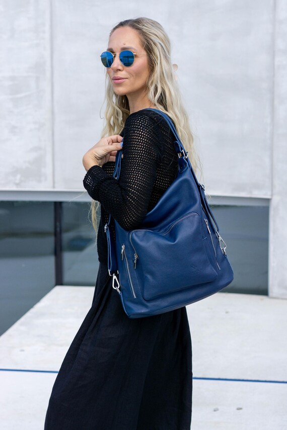 Soft Blue Leather Backpack Purse, Stylish Shoulder Bag  display picture 3