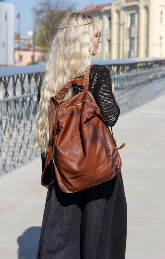 brown leather look backpack Mocha Tuscan | Leather Backpack Purse Way Zipper With Leather Pullers Outside Hidden Zip Pocket At Back Panel Womens Large Italian Leather Backpack