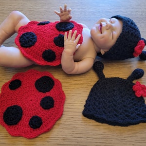 May include: A red and black crocheted ladybug costume for a baby, including a hat and a bodysuit. The hat has black crochet with a red flower accent. The bodysuit has black dots on a red background.