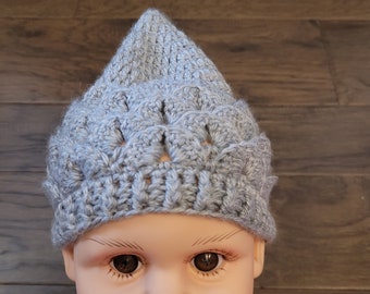 gray Pixie hat crocheted 3-6 months