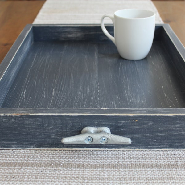 Distressed serving tray, ottoman tray, wooden tray in NAVY