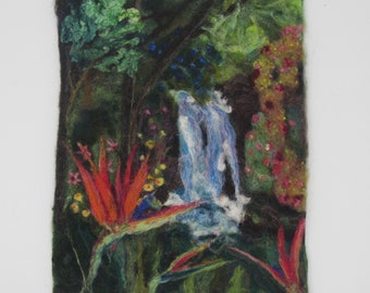 Chute d’eau tropicale (version rose) -Peinture en laine feutre aiguille