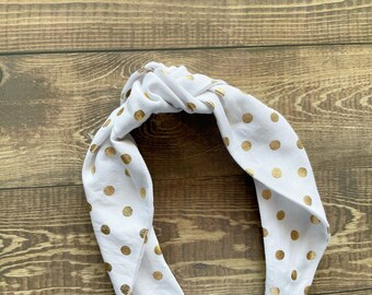 White with Gold Polka Dots Knot Headband