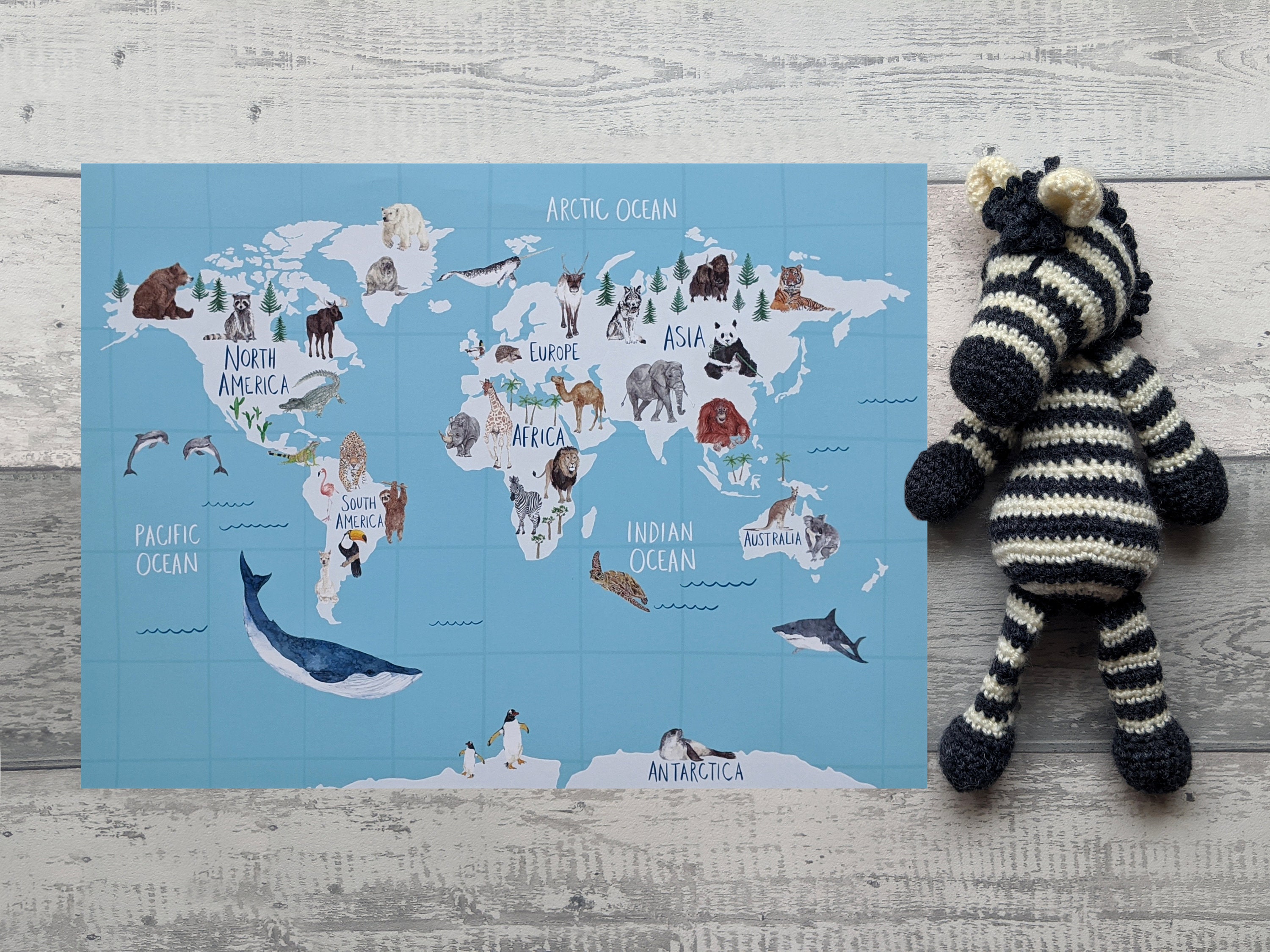 illustrated animal world map print home decor for etsy