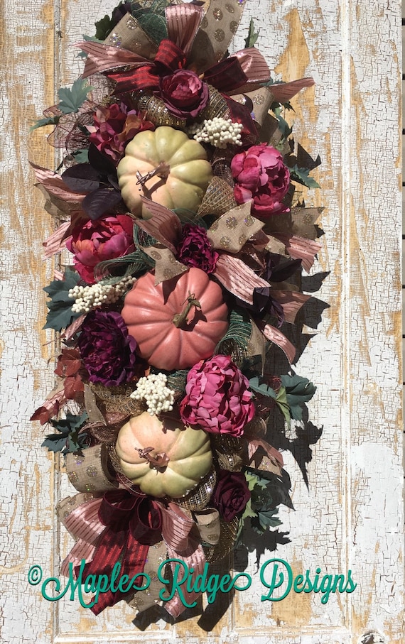 Harvest Swag Harvest Wreath Fall Swag Fall Wreath Fall Door Hanger Burgundy Rose Pink Plum And Pumpkins Extra Large