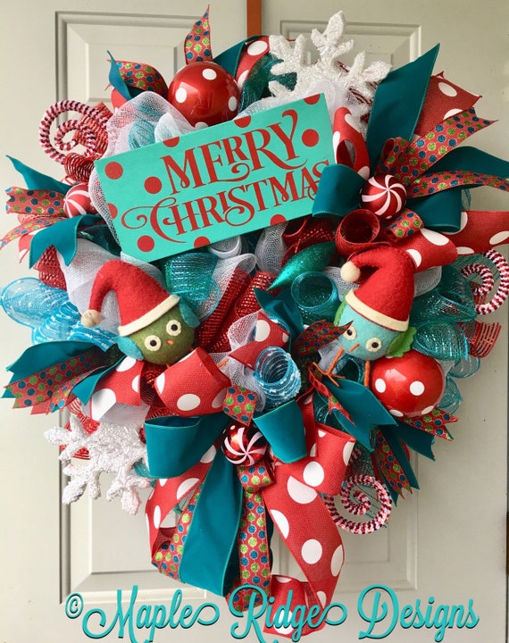 Red and turquoise wreath Christmas wreath Polka Dot | Etsy