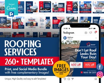 Contratista de techado, empresa de servicios de techado Canva Print y paquete de redes sociales