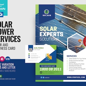 Solar Power Experts Services Flyer and Business card DIY Flyer template in Canva