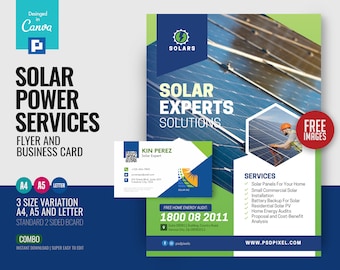 Solar Power Experts Services Flyer and Business card DIY Flyer template in Canva