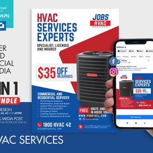 Heating and Cooling Service Flyer and Social Media Combo Promotional Canva Template