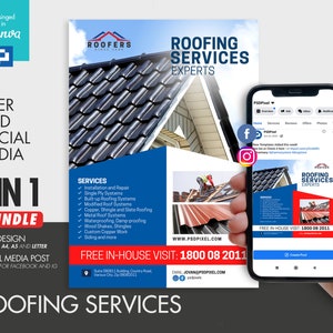 Roofing Services Flyer and Social Media Combo Promotional Canva Template Vol. 1