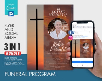 Memorial and Funeral Program Flyer and Social Media Combo Promotional Canva Template