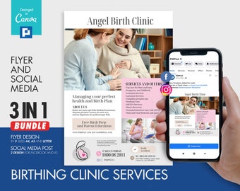 Birthing Center Services Flyer and Social Media Combo Promotional Canva Template