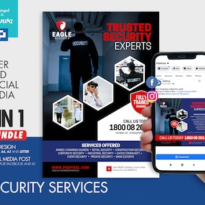 May include: A flyer and social media post design template for a security company called "Eagle Security". The flyer features a black and blue color scheme with a photo of a security guard in the background. The text on the flyer reads "Trusted Security Experts" and includes a phone number and email address. The social media post features a similar design with a photo of a security guard in the background and the text "Trusted Security Experts".
