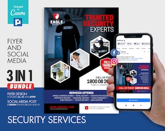 Security Services Company Flyer and Social Media Combo Promotional Canva Template