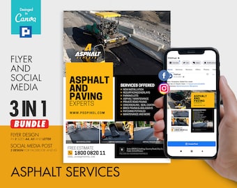 Asphalt Contractor Flyer and Social Media Combo Promotional Canva Template
