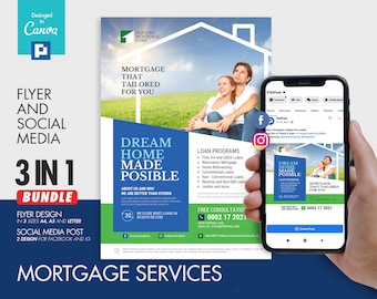Mortgage Company Promotional Flyer and Social Media Combo Promotional Canva Template