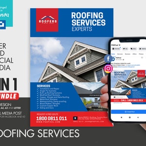 Roofing Company Werbeflyer und Social Media Combo Canva Template