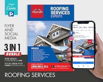 Roofing Company Promotional Flyer and Social Media Combo Promotional Canva Template