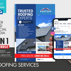 Roofing and Building Flyer and Social Media Combo Promotional Canva Template