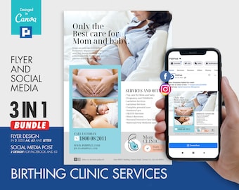 Birth Clinic Services Flyer and Social Media Combo Promotional Canva Template