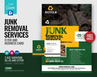 Flyer- en visitekaartjesjabloon voor afval- en vuilnisophaalservice op Canva: bewerkbare marketingset