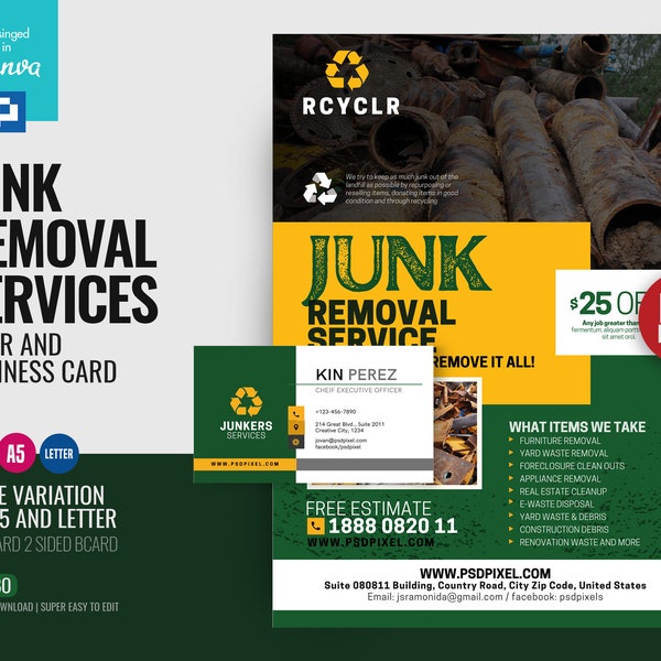 Junk and Trash Removal Service Flyer and Business card DIY template in Canva
