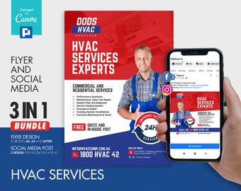 HVAC Experts Flyer and Social Media Combo Promotional Canva Template