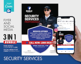 Private Security Services Flyer and Social Media Combo Promotional Canva Template