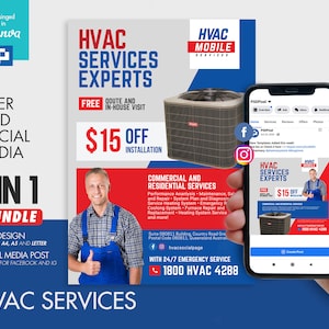 Heating and Cooling Services Flyer and Social Media Combo Promotional Canva Template v1