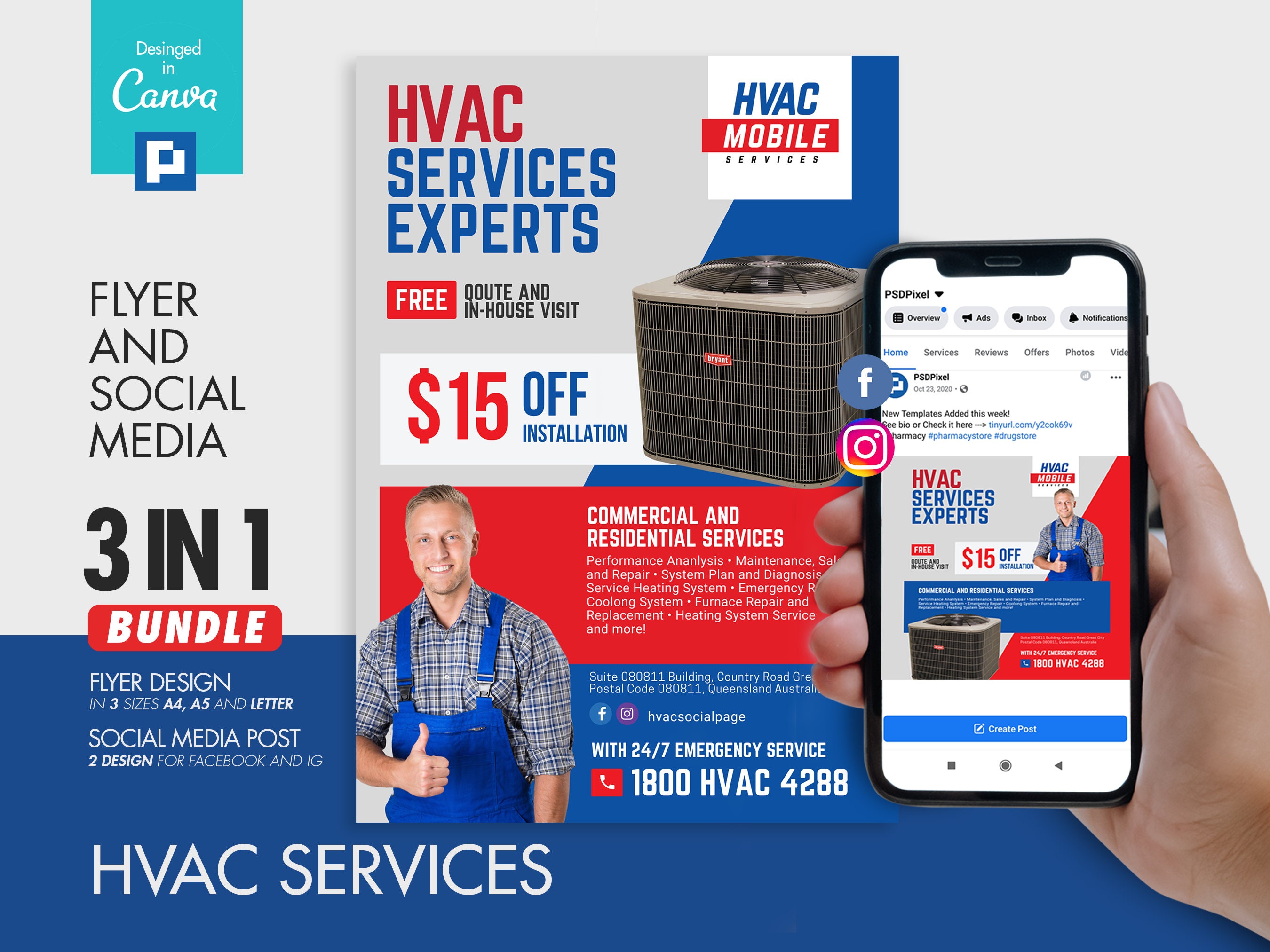 Heating and Cooling Services Flyer and Social Media Combo Promotional Canva Template V1 Etsy