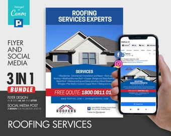 Roofing Services Company Flyer and Social Media Combo Promotional Canva Template