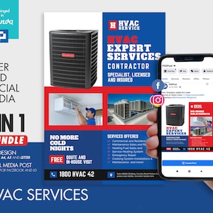 HVAC Company Promotional Flyer and Social Media Combo Promotional Canva Template