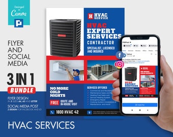 HVAC Company Promotional Flyer and Social Media Combo Promotional Canva Template