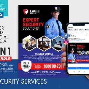 May include: A flyer and social media bundle for security services. The design features a security guard in uniform, the text "Expert Security Solutions," and a phone displaying the flyer. Includes the phone number 1800 08 2011.