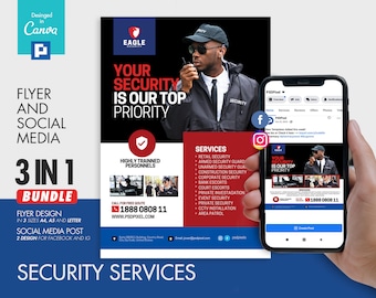 Private Security Flyer and Social Media Combo Promotional Canva Template