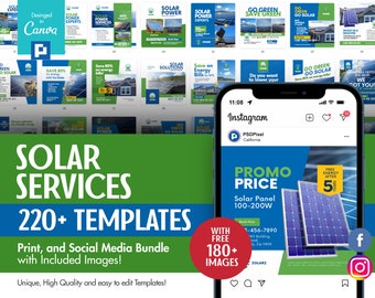 Paquete de impresión en Canva y redes sociales para empresas de servicios de energía solar, energía y sistemas