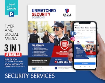 Security Company Flyer and Social Media Combo Promotional Canva Template
